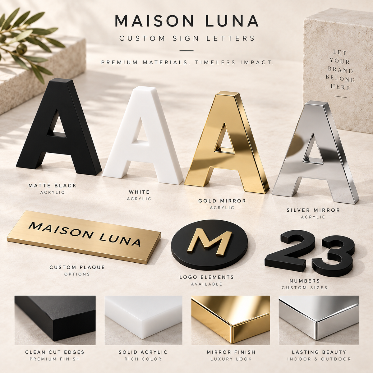 Options de lettres en acrylique noir blanc or miroir et argent miroir