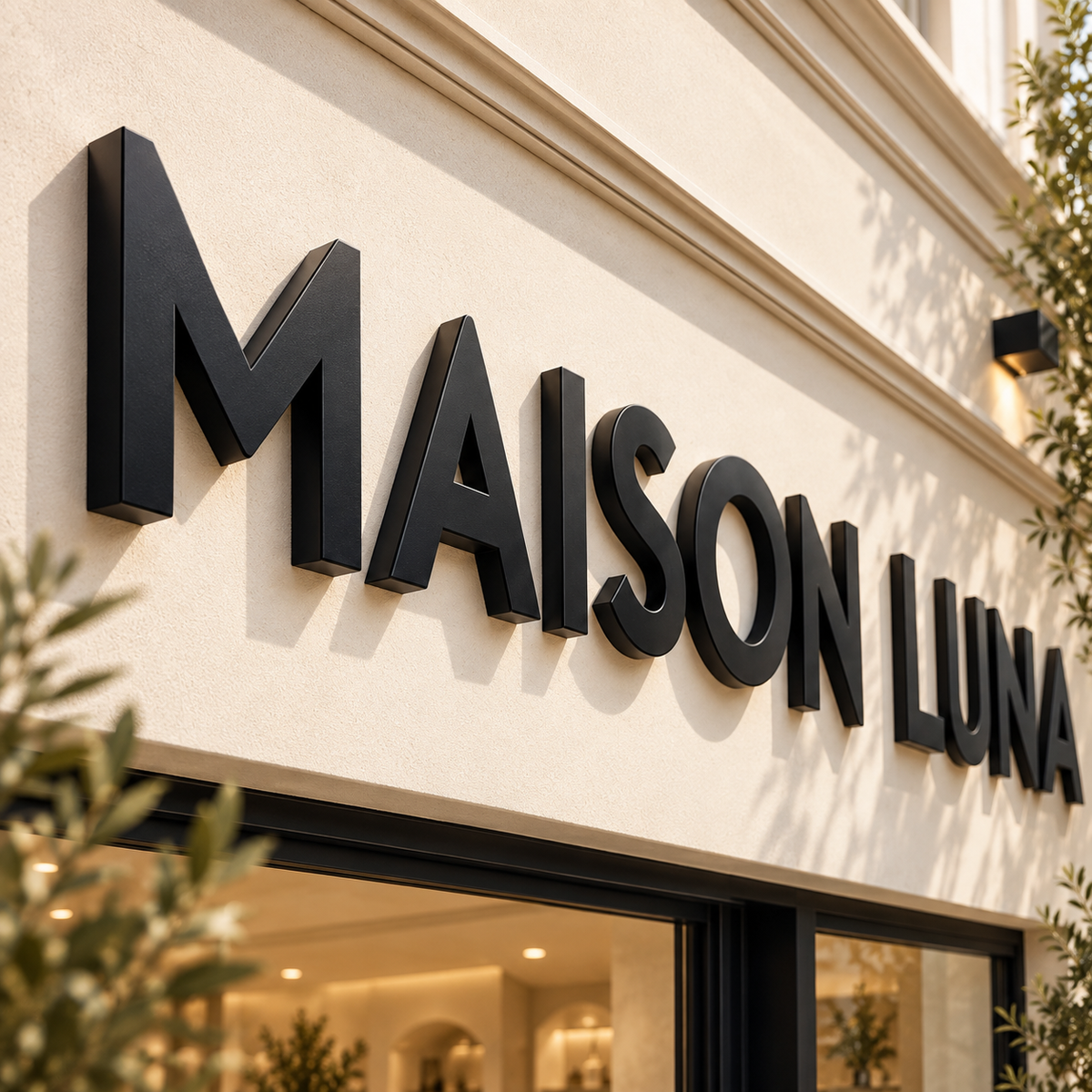 Détail de lettres découpées en acrylique noir pour enseigne de magasin