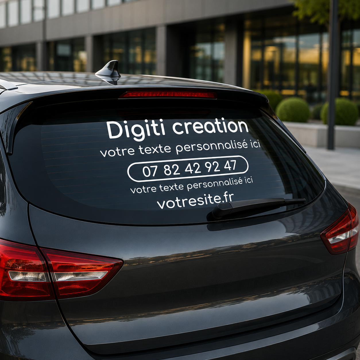 Marquage publicitaire personnalisé sur voiture avec nom d’entreprise, téléphone et site internet
