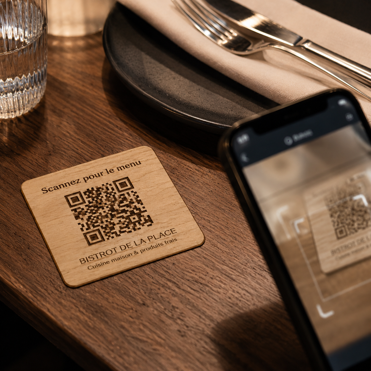Plaque QR Code en bois pour menu posée sur une table de café avec tasse et couverts