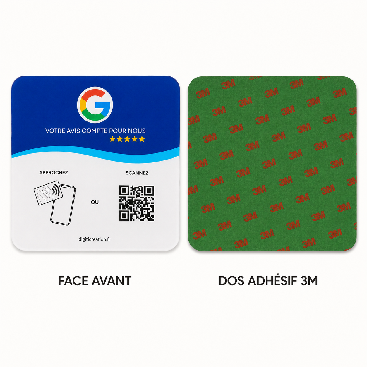 Dimensions 12 x 12 cm et épaisseur 3 mm d’une plaque Google Avis NFC en acrylique