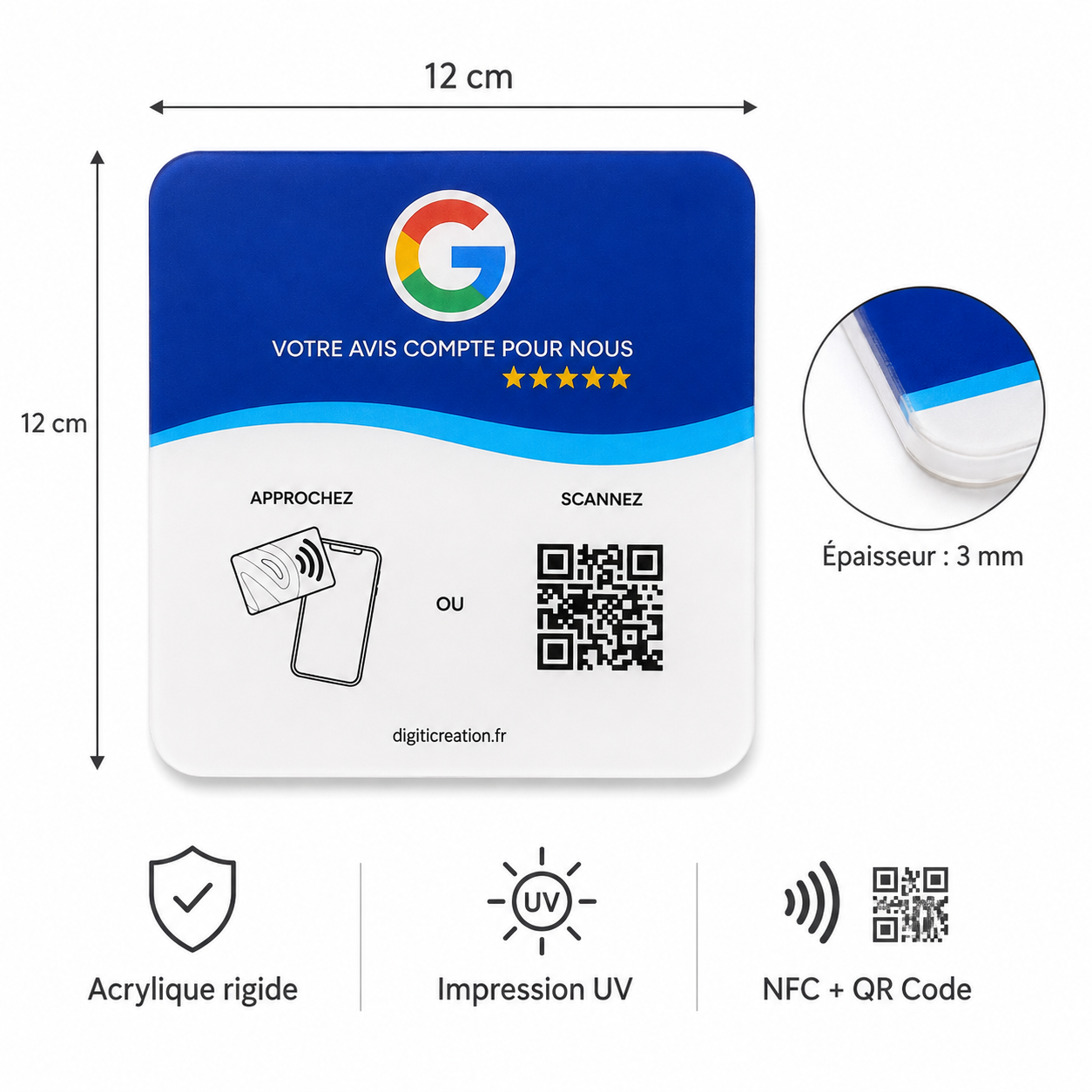 Face avant et dos avec adhésif 3M intégral d’une plaque Google Avis NFC