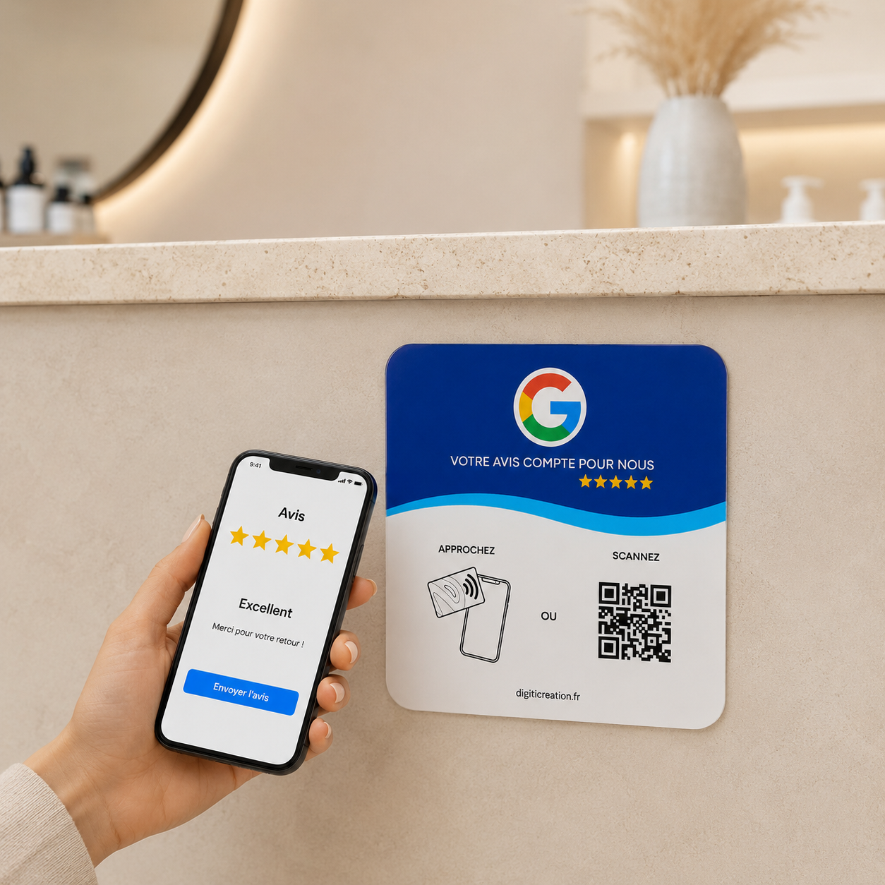 Plaque Google Avis NFC installée à la réception d’un hôtel
