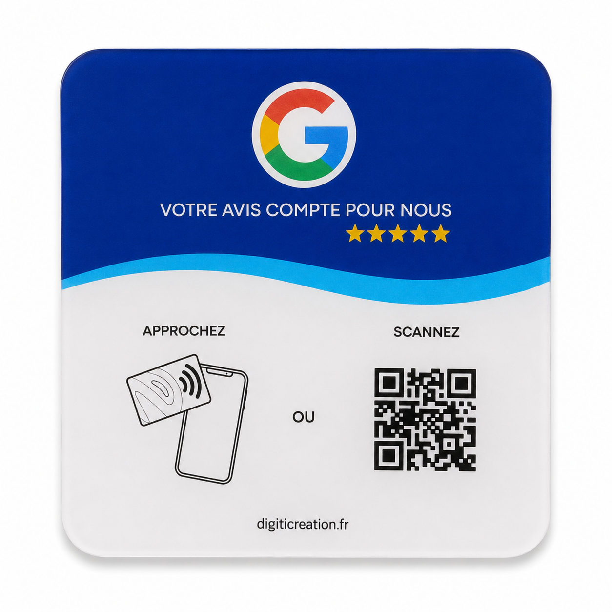 Plaque Google Avis NFC personnalisée avec QR code, format carré 12 x 12 cm