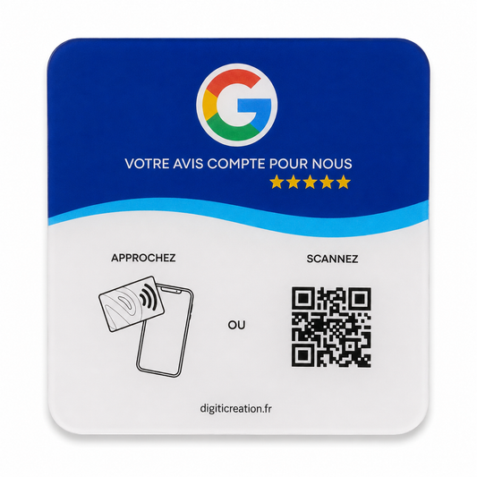 Plaque Google Avis NFC personnalisée avec QR code, format carré 12 x 12 cm
