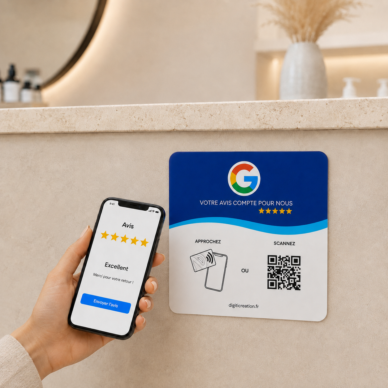 Plaque Google Avis NFC avec QR code installée dans un salon de beauté