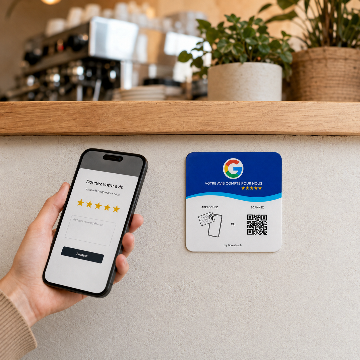 Client utilisant une plaque Google Avis NFC avec son smartphone dans un café