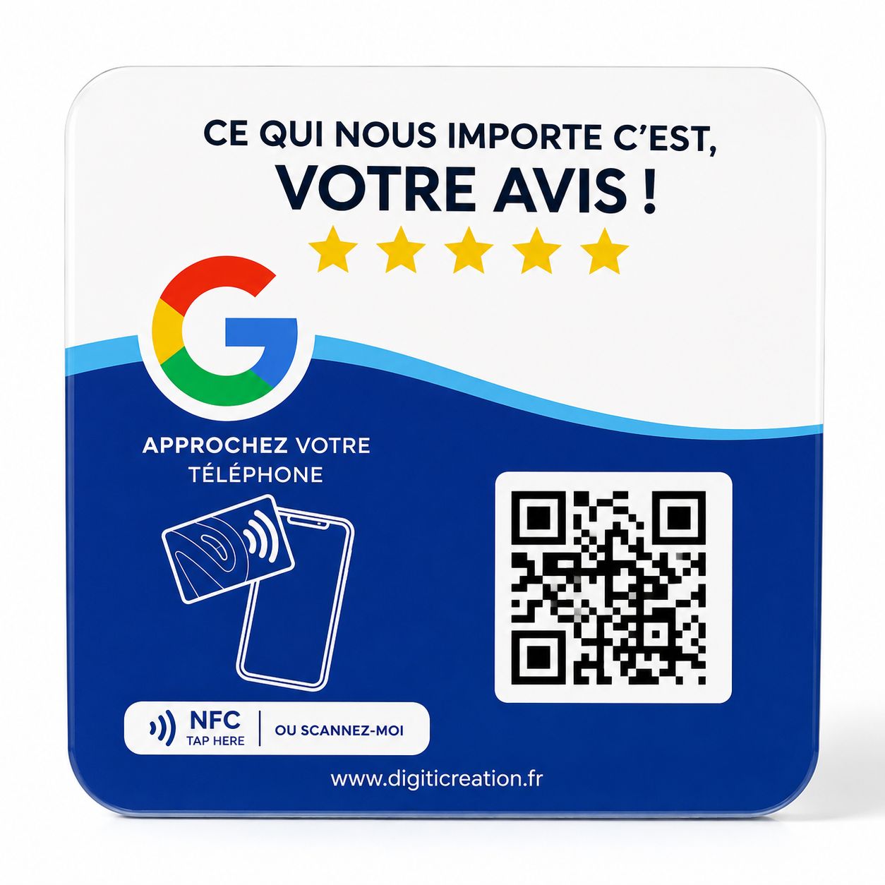 Plaque Google Avis personnalisée avec QR Code et NFC pour recueillir les avis clients, compatible Android et iPhone – Digiti Création