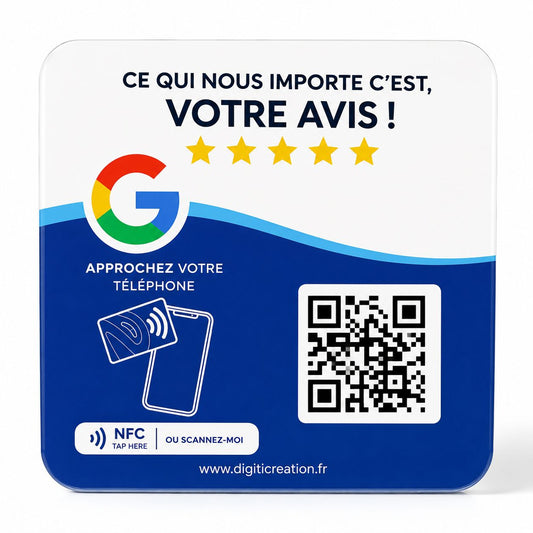 Plaque Google Avis personnalisée avec QR Code et NFC pour recueillir les avis clients, compatible Android et iPhone – Digiti Création