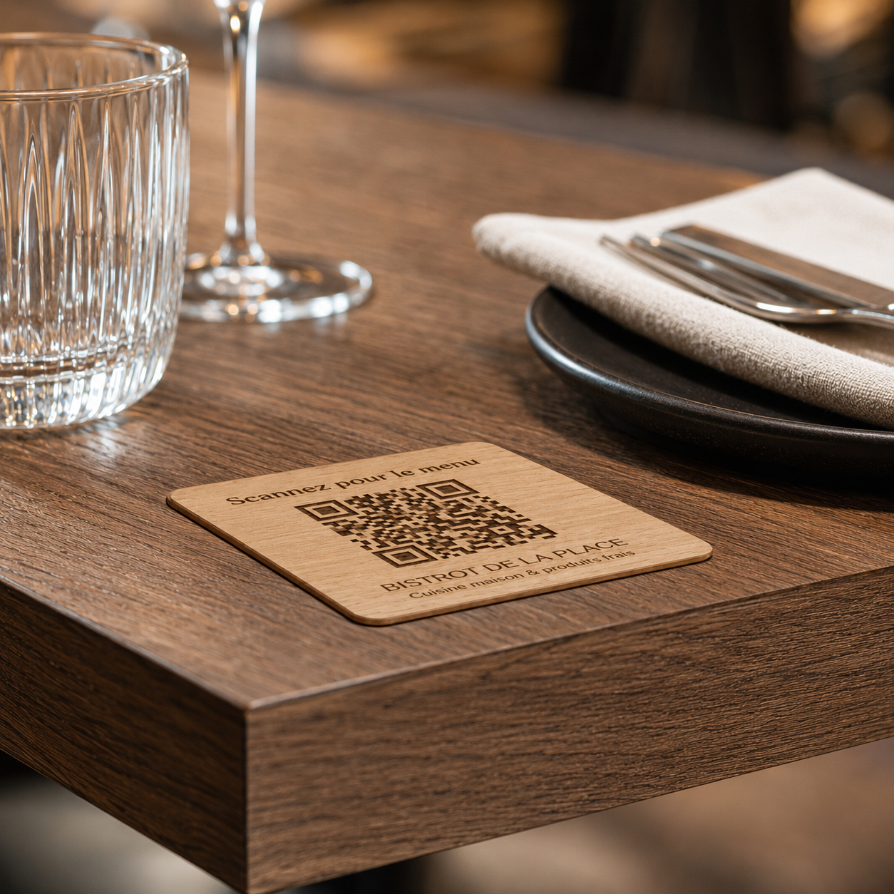 Gros plan sur une plaque QR Code en bois gravée pour afficher le menu d’un restaurant