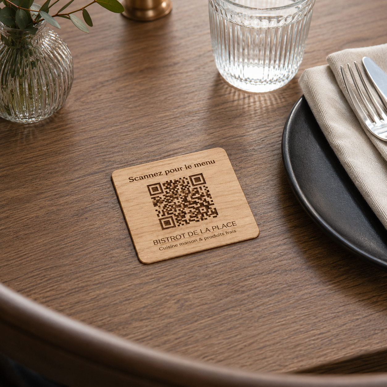 Plaque QR Code en bois pour menu dans une ambiance chaleureuse de bistrot