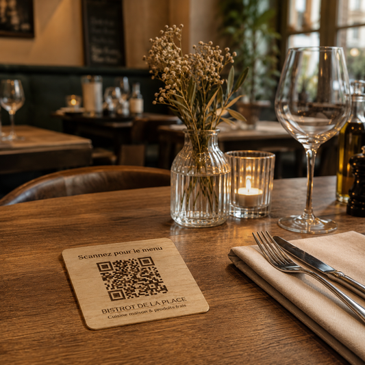 Plaque QR Code en bois pour menu de restaurant posée sur une table avec verre et couverts