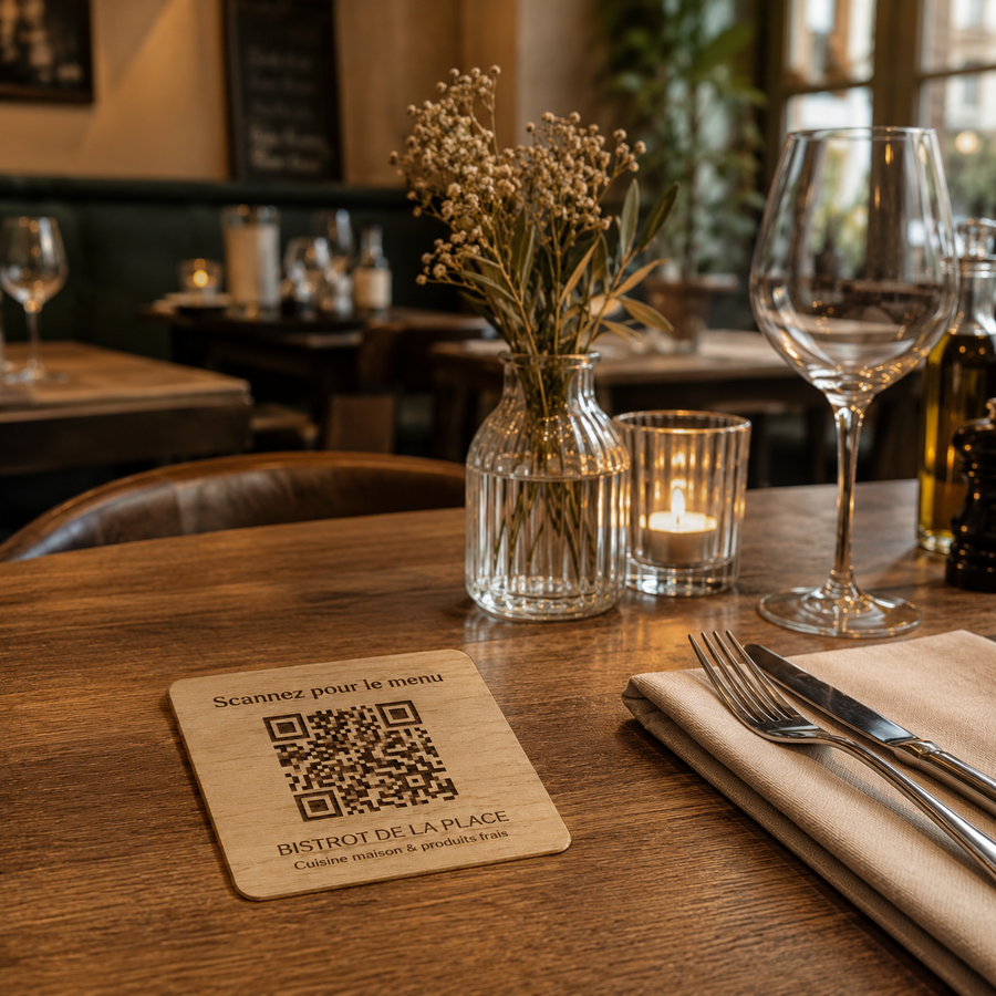 Plaque QR Code en bois pour menu de restaurant posée sur une table avec verre et couverts