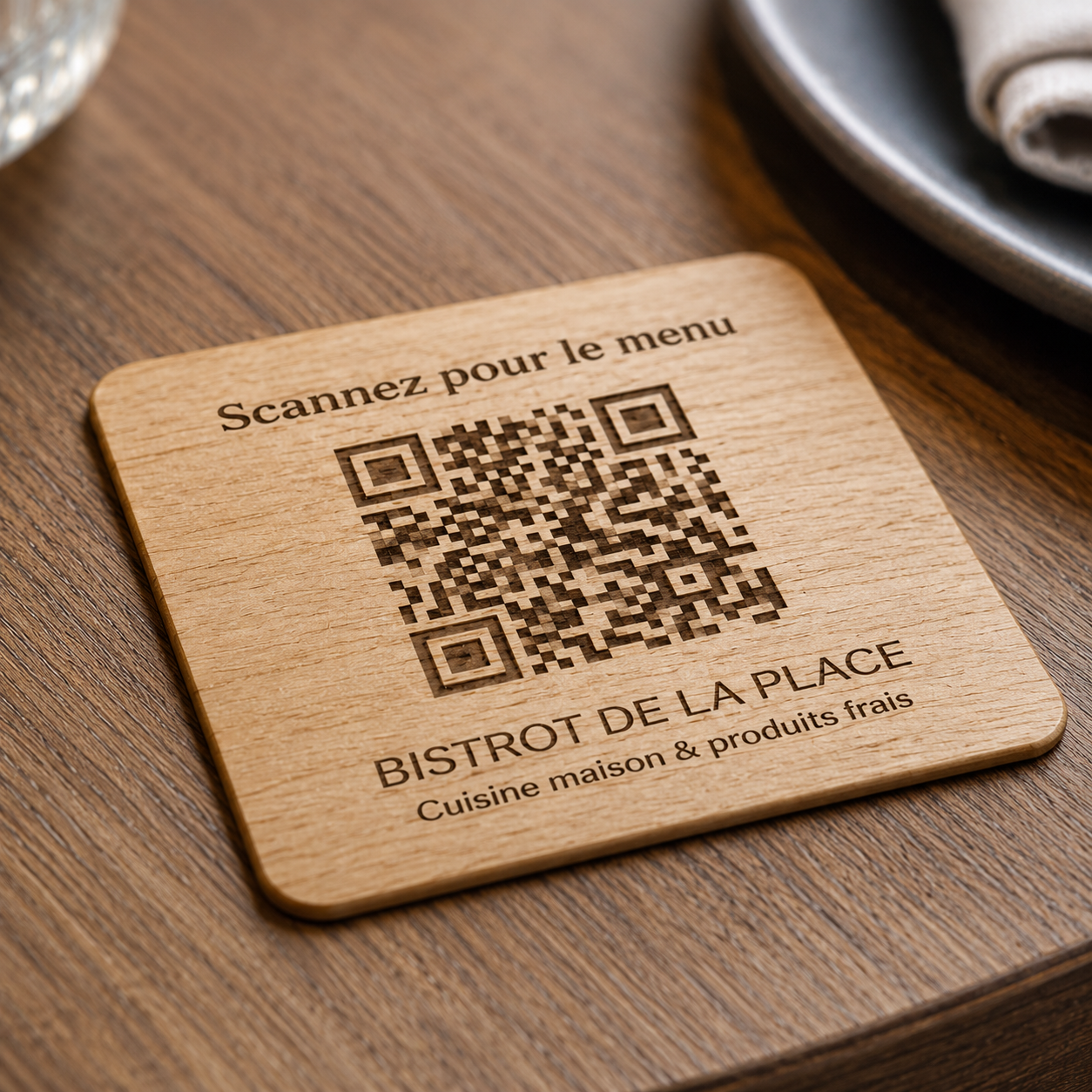 Plaque QR Code en bois pour restaurant avec verre, assiette et serviette sur table en bois