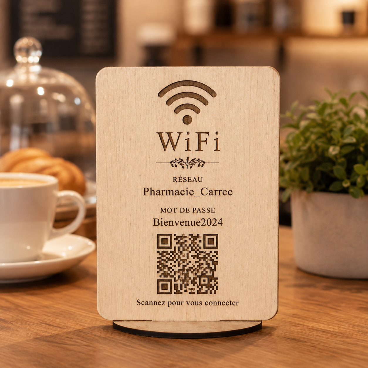 Plaque WiFi en bois personnalisée vue de trois quarts avec QR code gravé