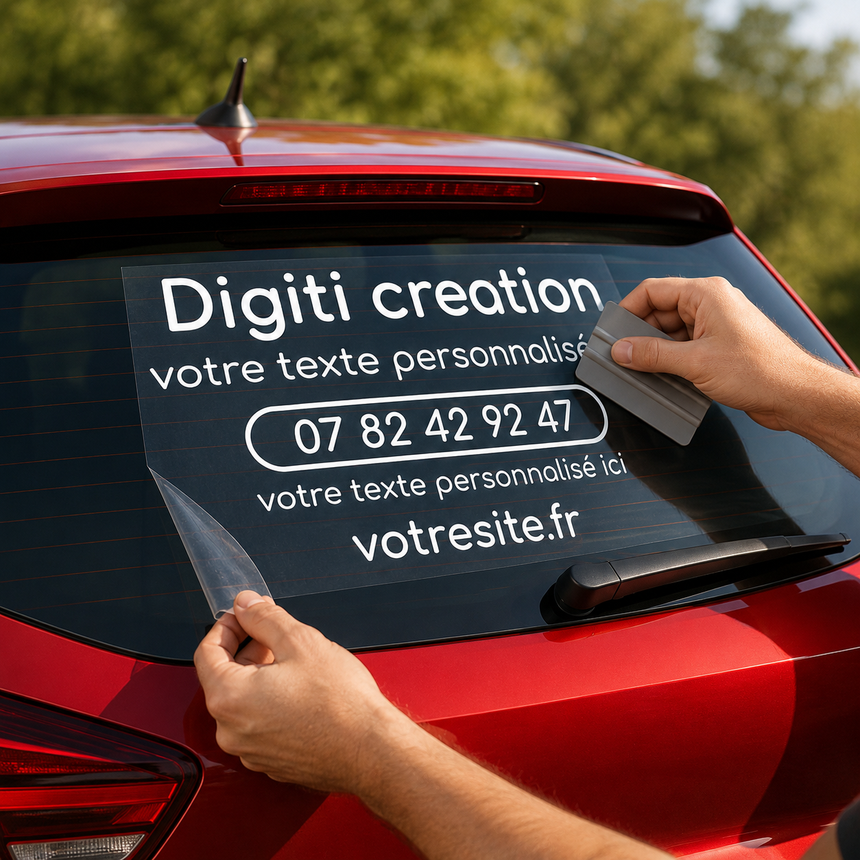 Pose d’un autocollant publicitaire personnalisé sur une vitre de voiture avec film de transfert