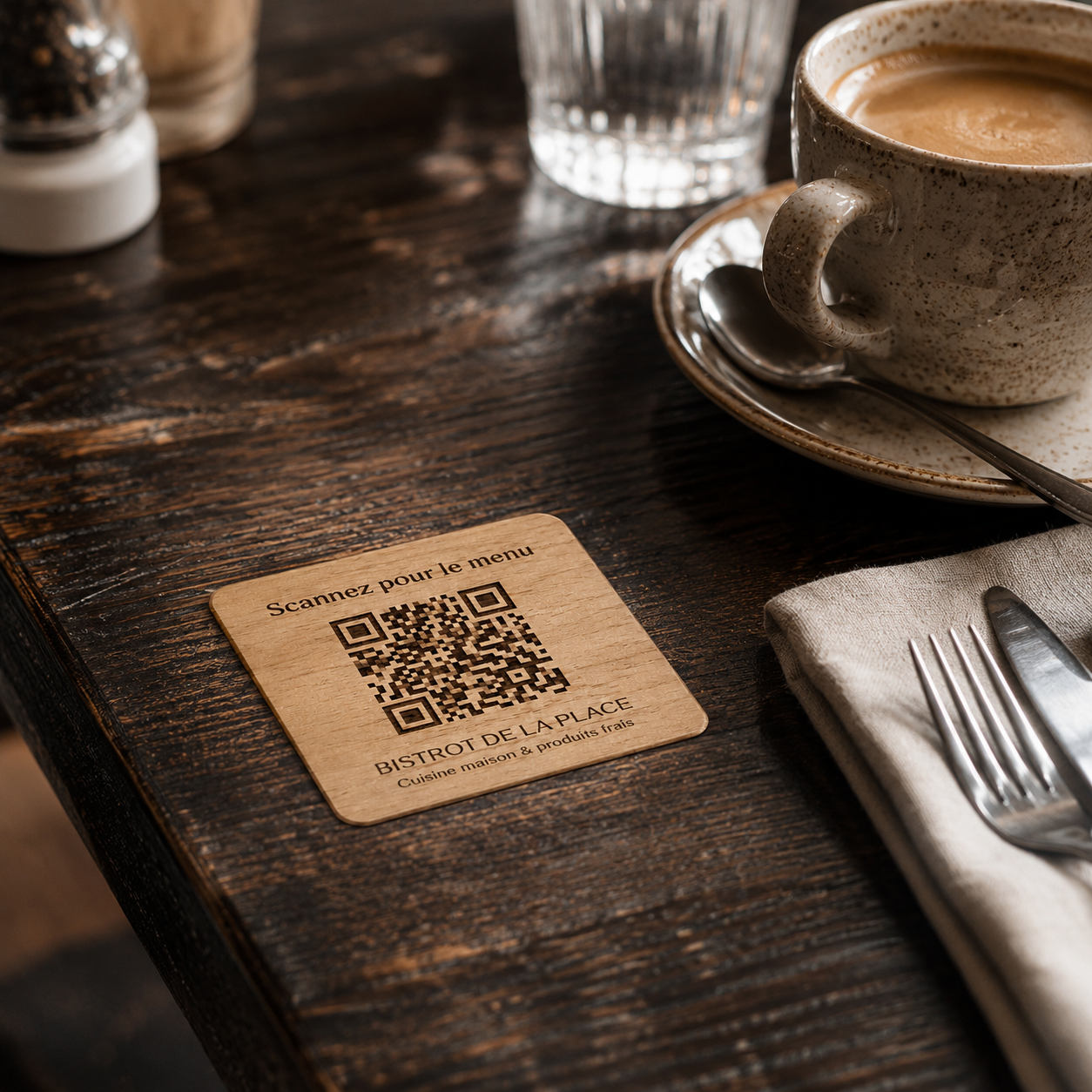 Plaque QR Code en bois pour menu de restaurant scannée avec un smartphone sur une table
