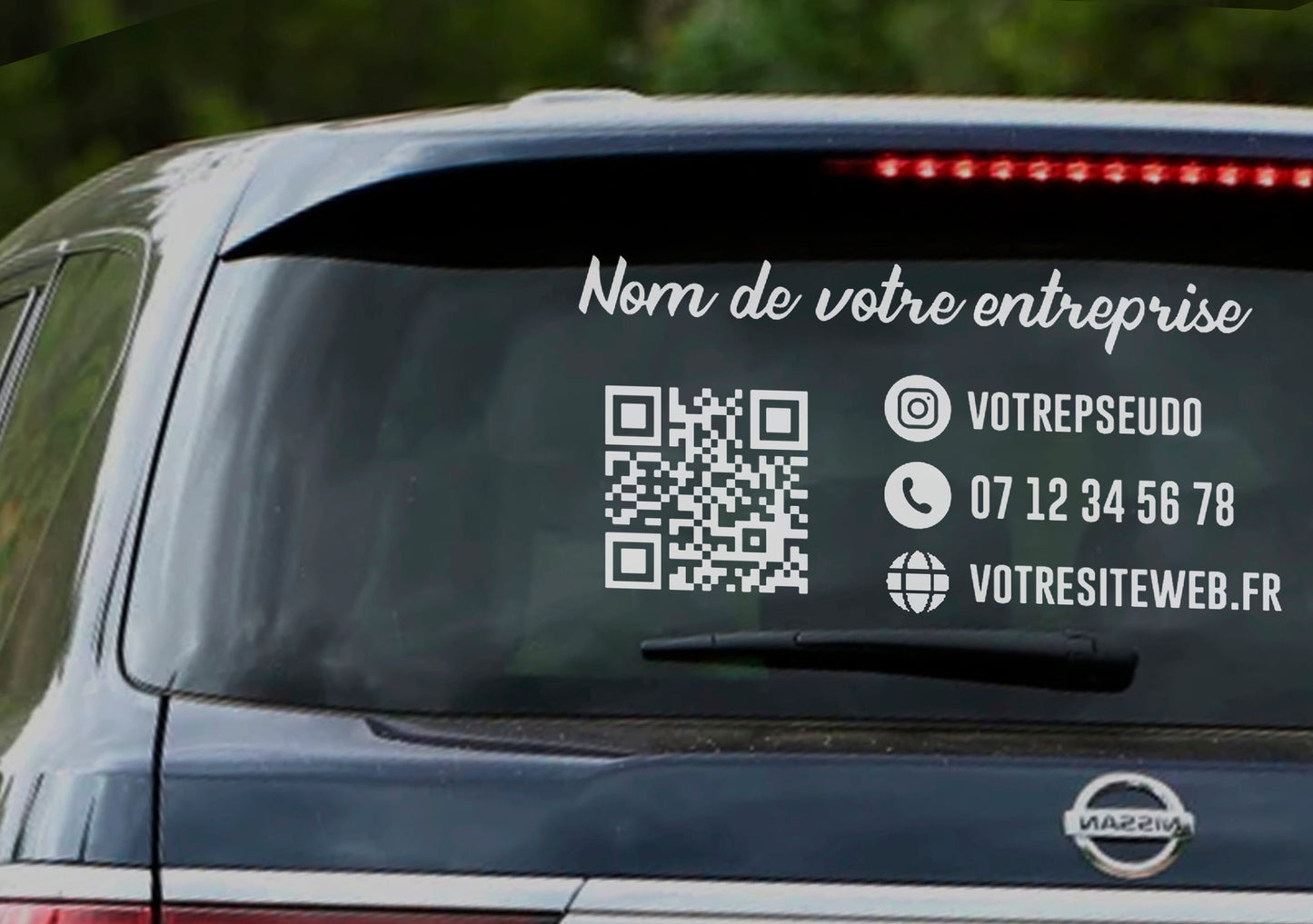 Sticker publicitaire personnalisé pour voiture avec logo, QR Code, téléphone, réseaux sociaux et site web