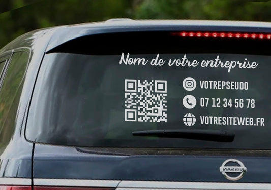 Sticker publicitaire personnalisé pour voiture avec logo, QR Code, téléphone, réseaux sociaux et site web