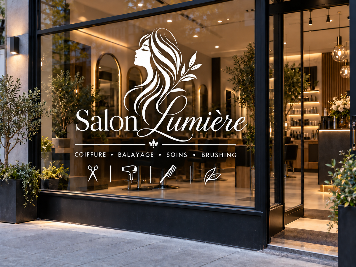Sticker vitrine blanc Atelier Coiffure avec logo, texte et pictogrammes personnalisés