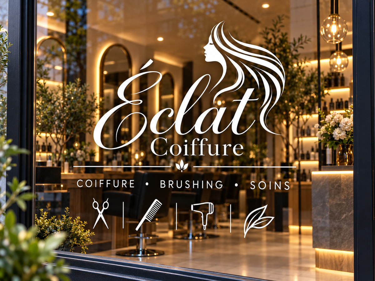Sticker vitrine blanc pour salon de coiffure avec logo, services et horaires d'ouverture